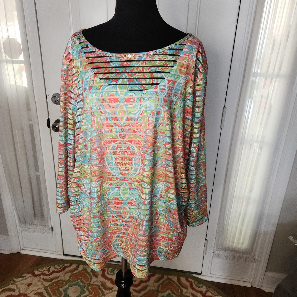 Rudy Rd.‎ Beaded Soft Pastel Floral Top over Attached White Tank  Size Plus 1X